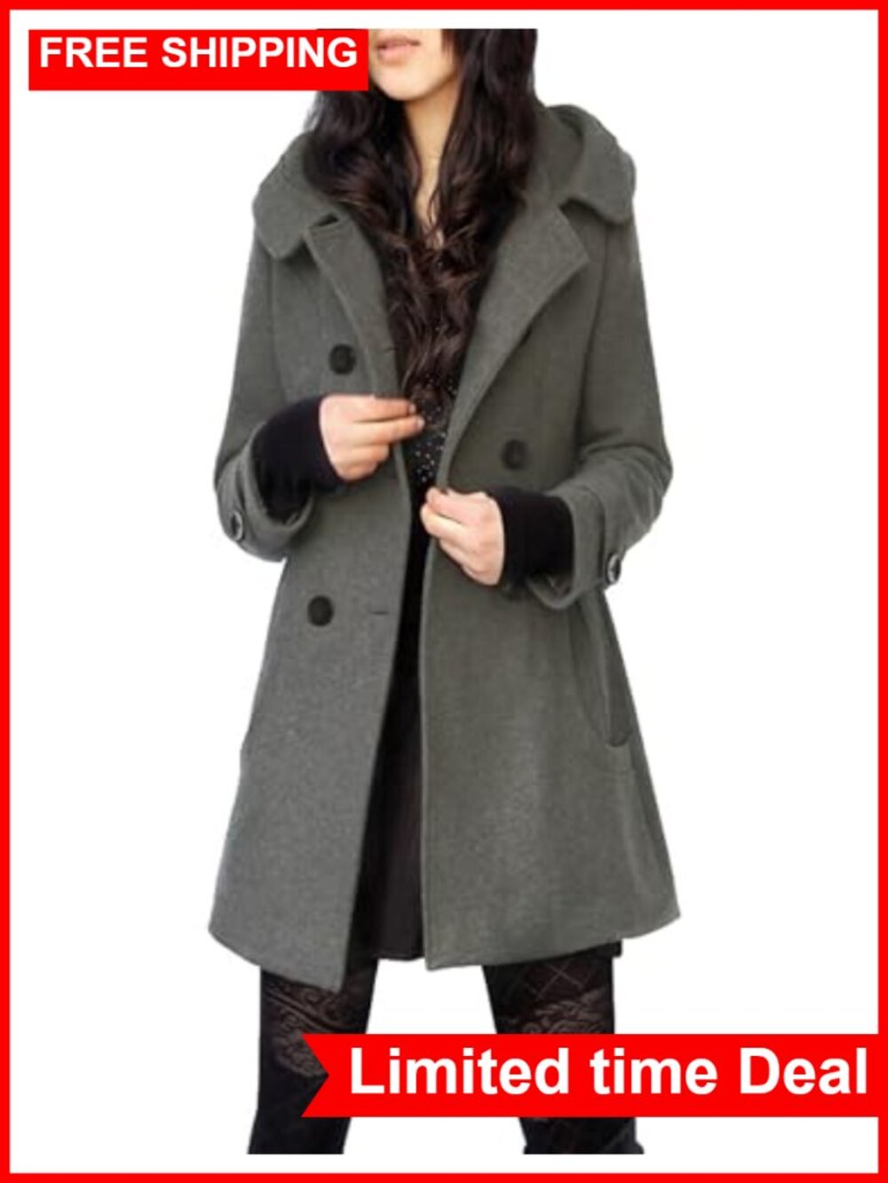 Wool Blend Hooded Peacoat Mid Length Double Breasted Winter Coat